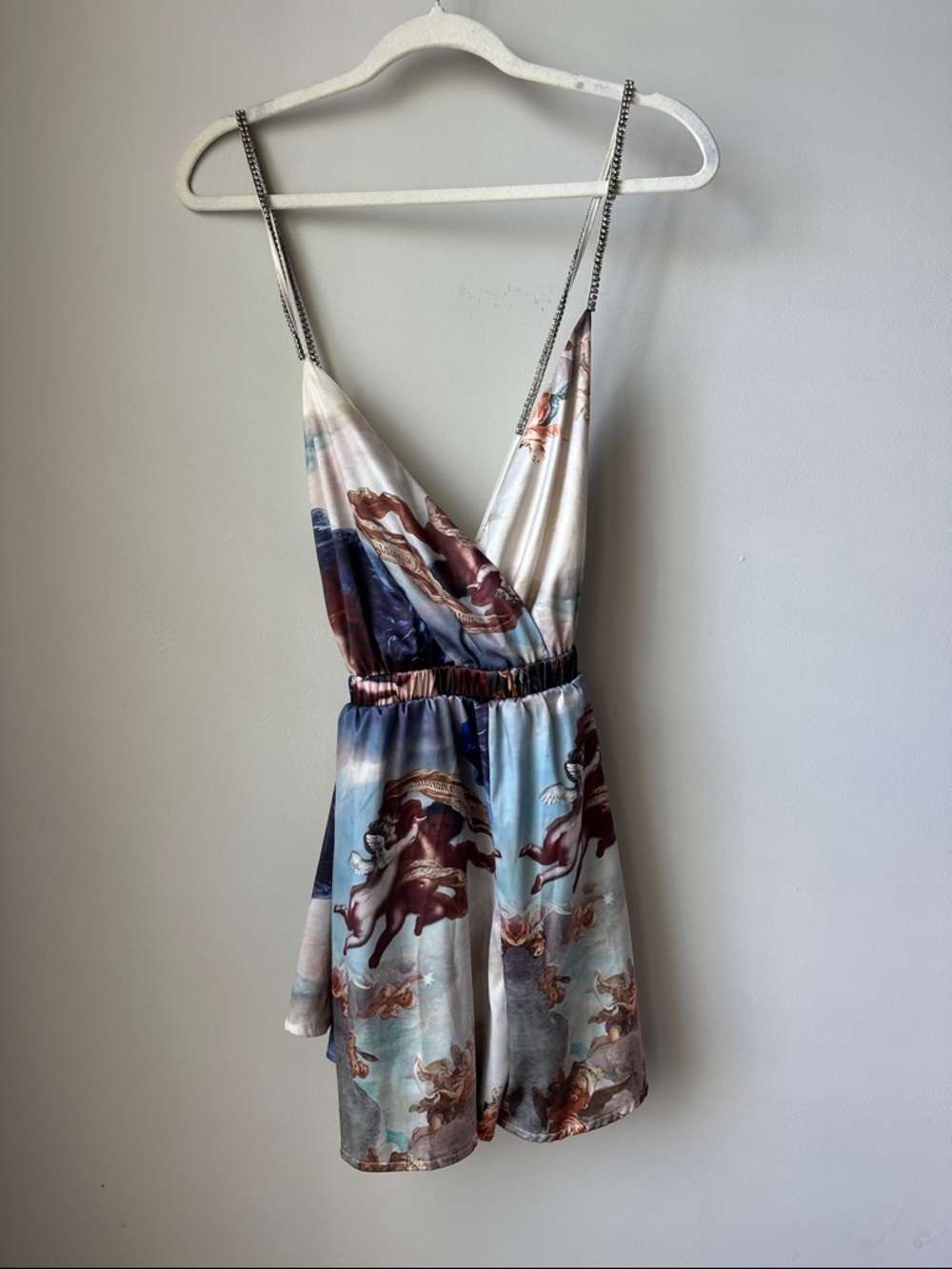Satin Angel Print Slip Romper in Blue and Maroon